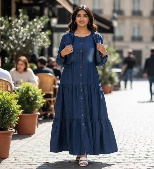 Premium Denim Jacket & Front Open Maxi